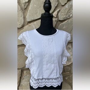 Glo Fashion London Top S/M White Knit Crochet Lace‎ Cropped Sleeveless Excellent